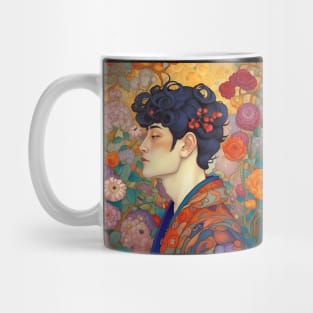 Asian Art Nouveau Man with Flowers Mug